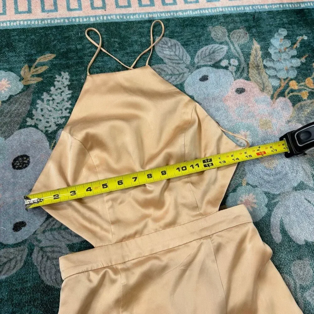 NWT Fame And Partners Maxi Dress Womens 2 Gold Beige Open Criss Cross Back Gown
